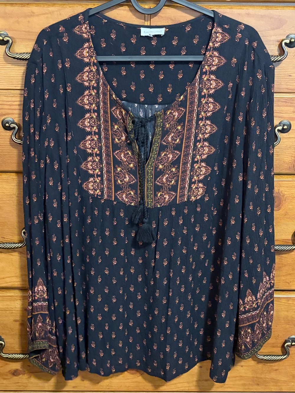 Garnet Hill Black Boho Tie-Neck Peasant Blouse